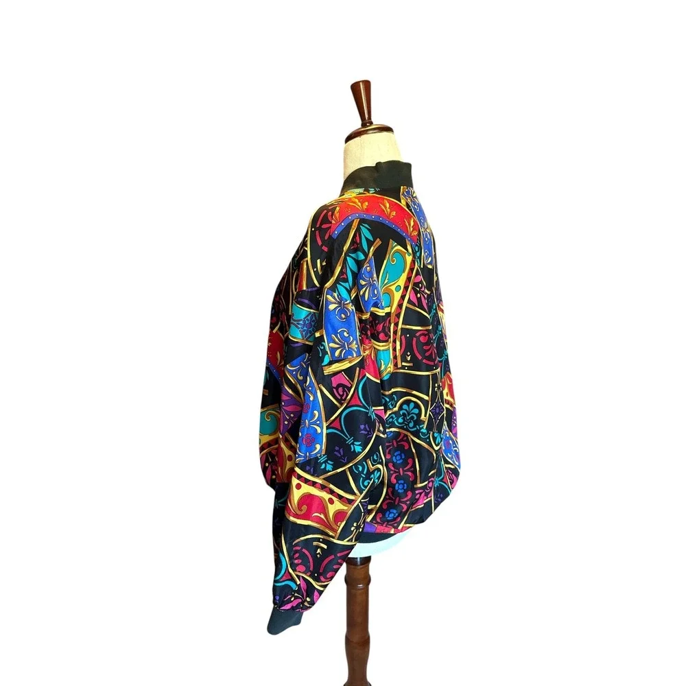 Vintage‎ 80s Silk Satin Bomber Jacket | Abstract Baroque Print | OSFM - Picture 5 of 12